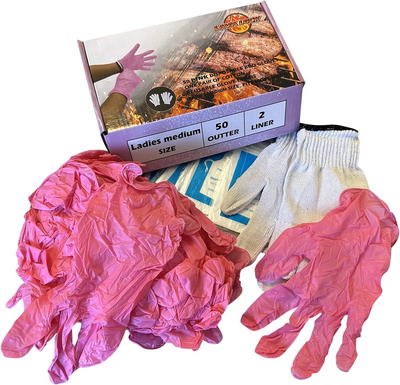 LavaLock Disposable Nitrile BBQ Gloves with Cotton Liners for Outdoor Cooking Grilling Smokers and Barbecue Competition, Chef or Kitchen use (Medium 50 Count Pink) - Image 5